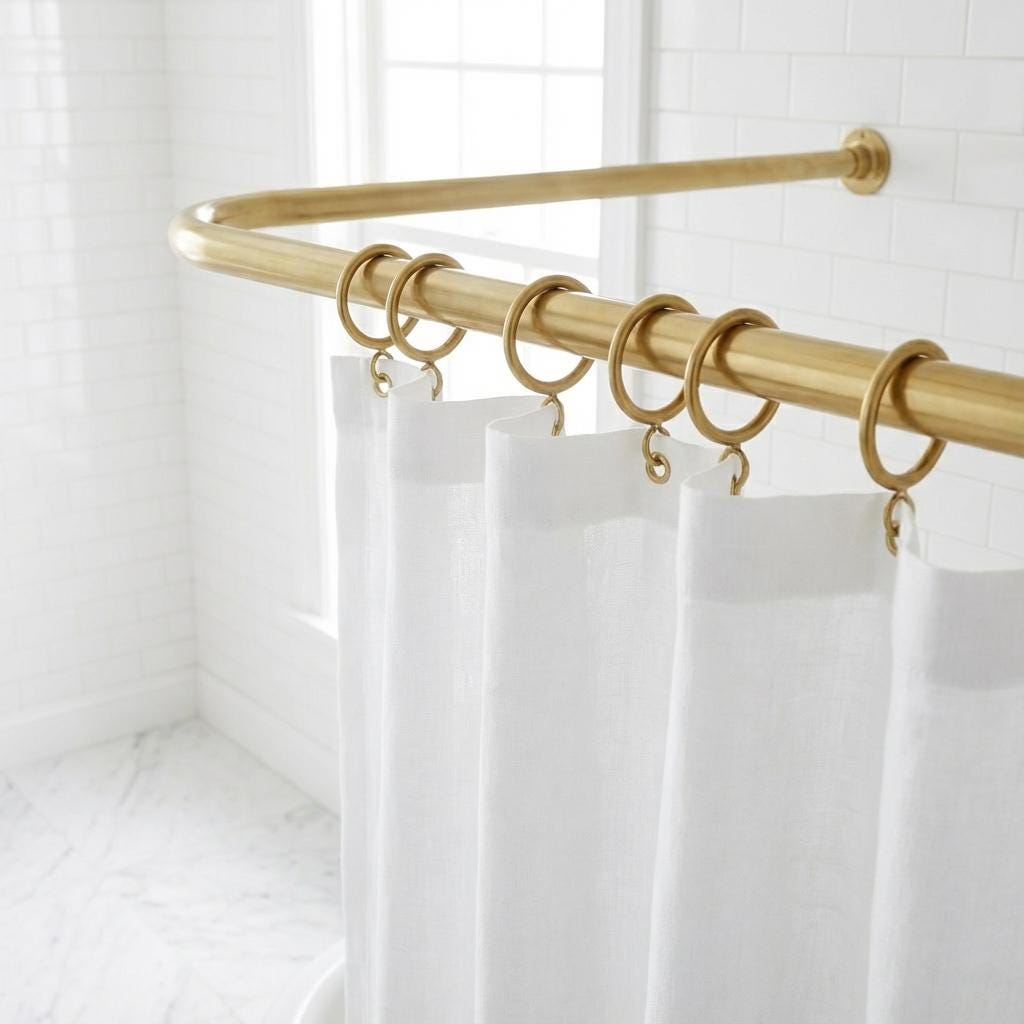Unlacquered Brass Ceiling Support U-Shaped Bathroom Rail for Walk-In Showers: Oval Corner Shower Curtain Rod