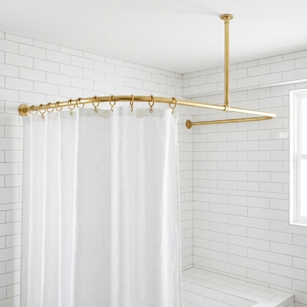 Unlacquered Brass Ceiling Support U-Shaped Bathroom Rail for Walk-In Showers: Oval Corner Shower Curtain Rod