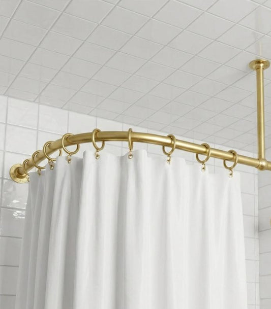 Unlacquered Brass Ceiling Support U-Shaped Bathroom Rail for Walk-In Showers: Oval Corner Shower Curtain Rod