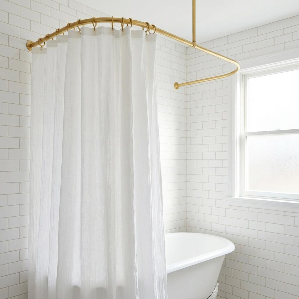 Unlacquered Brass Ceiling Support U-Shaped Bathroom Rail for Walk-In Showers: Oval Corner Shower Curtain Rod
