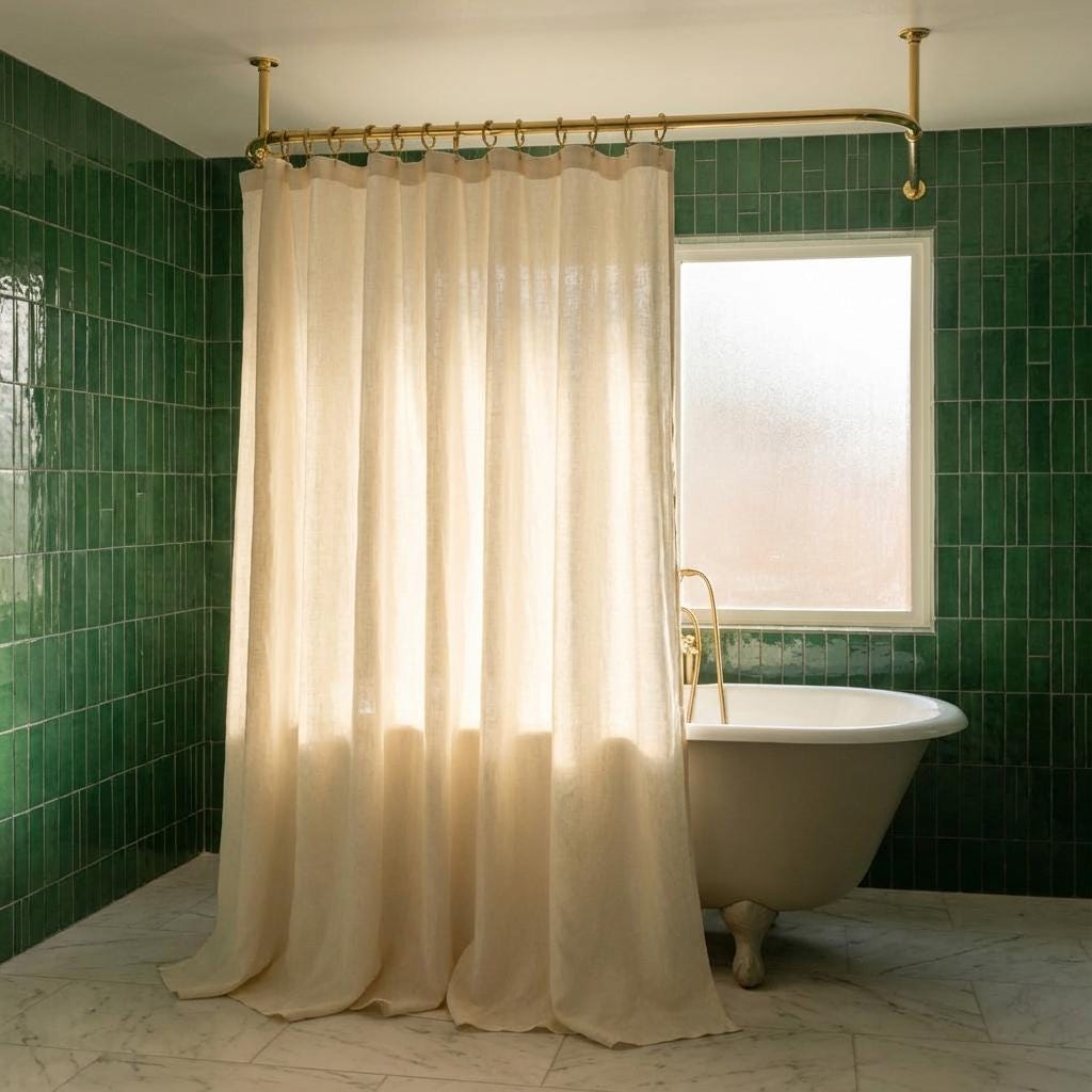 Unlacquered Brass Ceiling Support U-Shaped Bathroom Rail for Walk-In Showers: Oval Corner Shower Curtain Rod