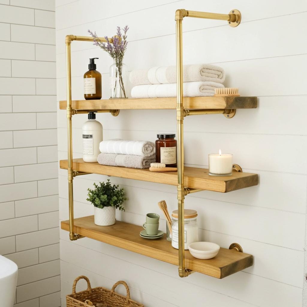 Brass Pipe Shelf Frame – Wall or Floor Mounted for Bathroom