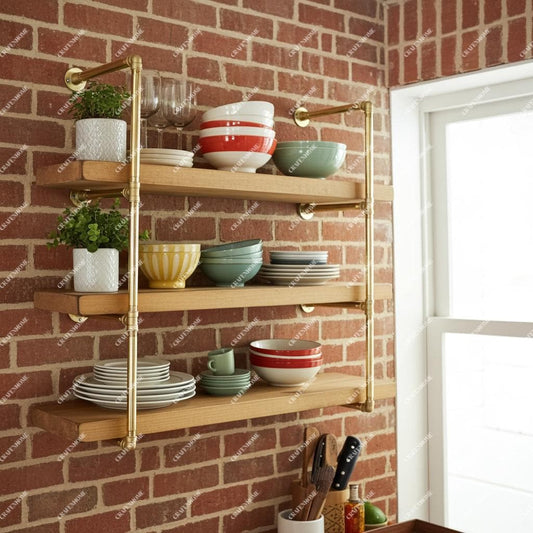 Solid Brass Pipe Shelf Frame – Wall Mounted Tiered Shelving for Kitchen & Storage