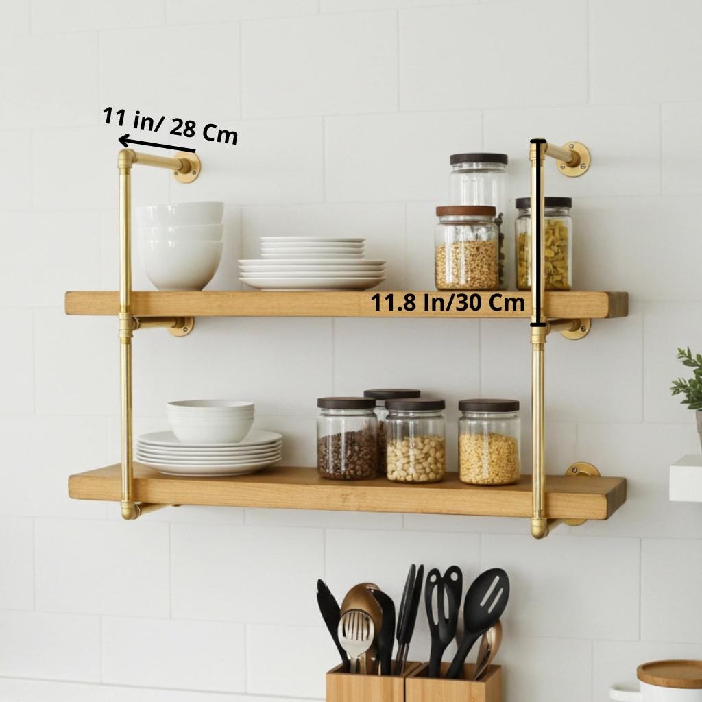 Solid Brass Pipe Shelf Frame – Wall Mounted Tiered Shelving for Kitchen & Storage