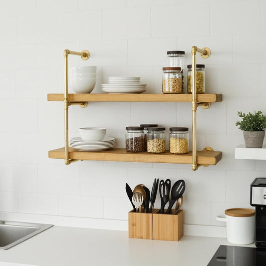 Solid Brass Pipe Shelf Frame – Wall Mounted Tiered Shelving for Kitchen & Storage