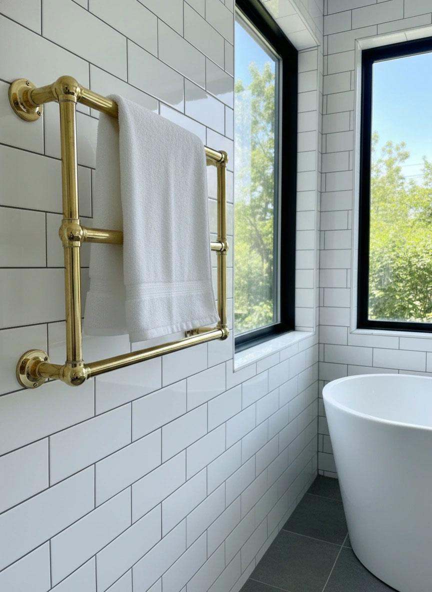 Handmade Unlacquered Brass Towel Warmer: Wall Mounted Bathroom Rail
